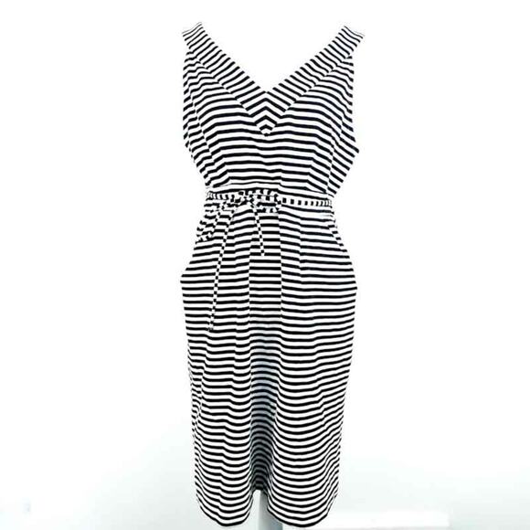 Motherhood Maternity Black Stripe Dress Sleeveless Large Vneck Pockets - Picture 1 of 8